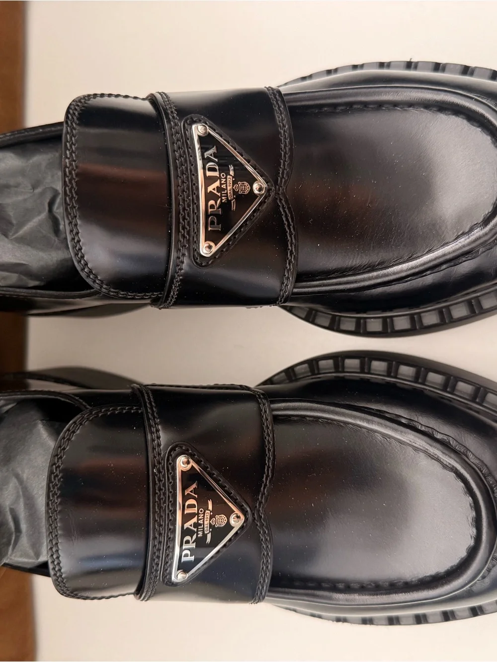 Prada Black Patent Leather Logo Penny Loafers